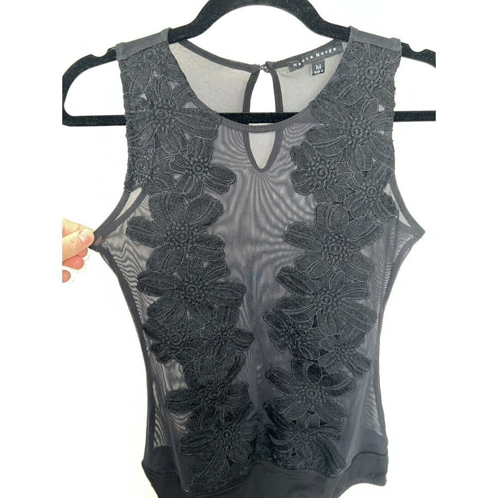 HAUTE Monde Black Bodysuit Sheer Floral Sleevless Size M Womens Sexy G - Picture 6 of 11
